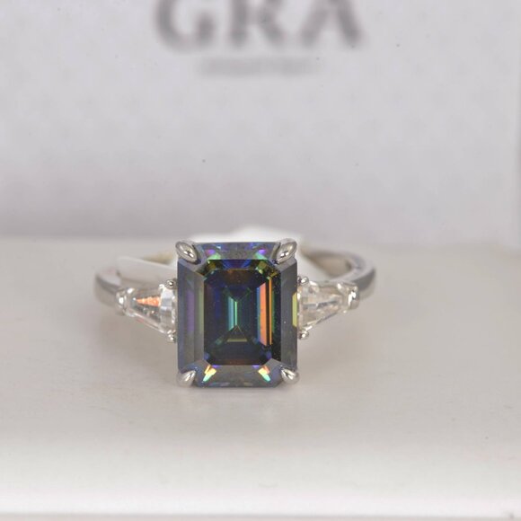 GRA Certified 5.5ct Rainbow Blue Emerald Cut Engagement Moissanite Ring 925 - Picture 1 of 5